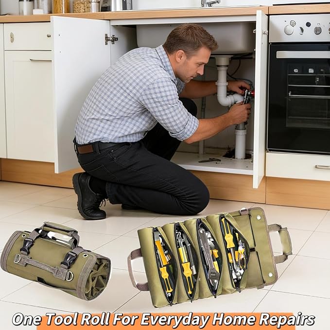 Roll Up Tool Bag-Tool Roll Organizer Heavy Duty Portable Tool Roll Bag for Mechanic Handyman Electrician Motorcycle Tools, Durable Tool Storage Gift for Men, Dad Birthday Gift