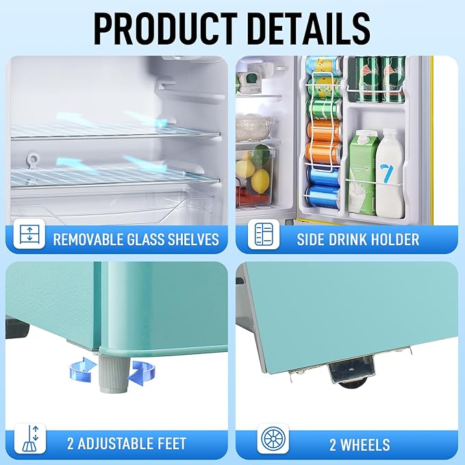 WANAI 2 Door 2 Handle Refrigerator with Freezer-on-top, Spacious 3.5 Cubic Feet Capacity Fridge with 7-Level Adjustable Thermostat & 2 Removable Shelves Blue