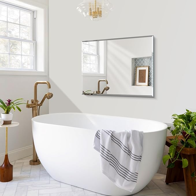 CILIBER Beveled Mirror, 24x30 Frameless Beveled Bathroom Mirrors for Wall, Upgraded Shatterproof Rectangle Vanity Mirror with Beveled Edge for Bathroom, Bedroom, Living Room and Entryway