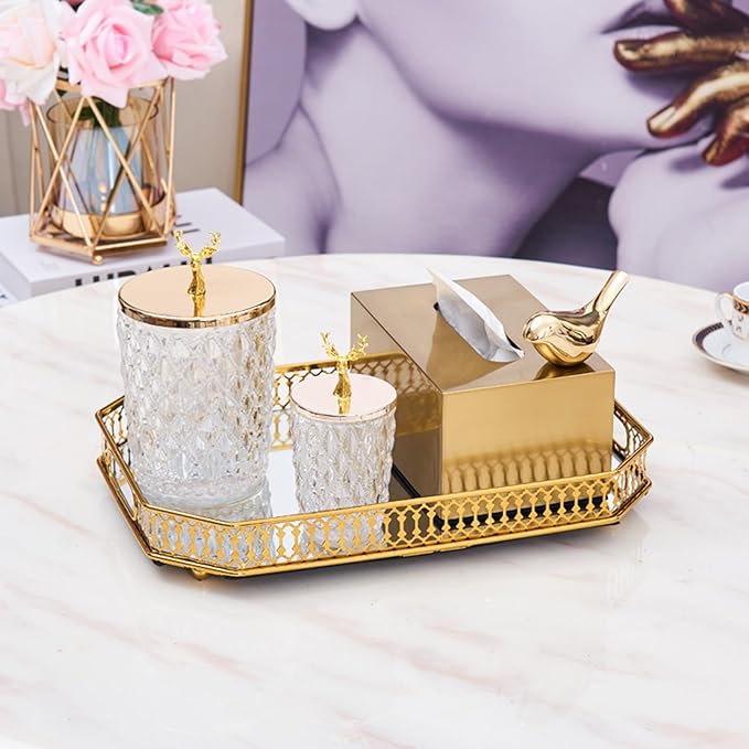 Vintage Gold Mirror Tray, Modern Luxury Perfume Decorative Tray with Hollow Design, Elegant Glass Display Storage Organizer, Rectangle 7.1"x11.4", for Coffee Table, Entryway, Bathroom