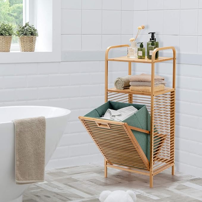 Giantex Laundry Hamper Tilt-Out Laundry Linen Hamper Bamboo Freestanding Clothes Basket W/Shelf & Removable Liner, Storage Laundry Shelf for Bathroom Living Room Bedroom, Natural