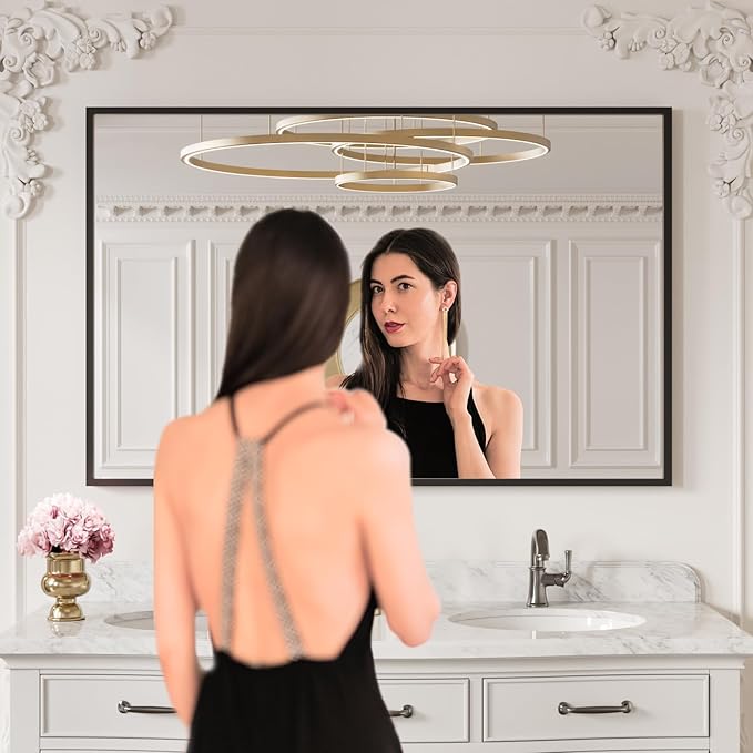 LOAAO 50"X30" Black Rectangle Bathroom Mirror Wall, Matte Black Aluminum Alloy Frame, Tempered Glass, Hangs Vertically or Horizontally, Easy to Install