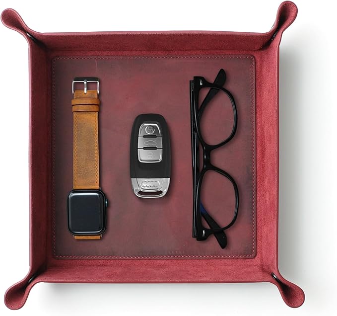 Handmade Leather Catch All Tray, Customizable Handcrafted Genuine Leather Valet Tray and Organizer for Keys, Phones, Jewels, Coins, Square - Medium, Purple