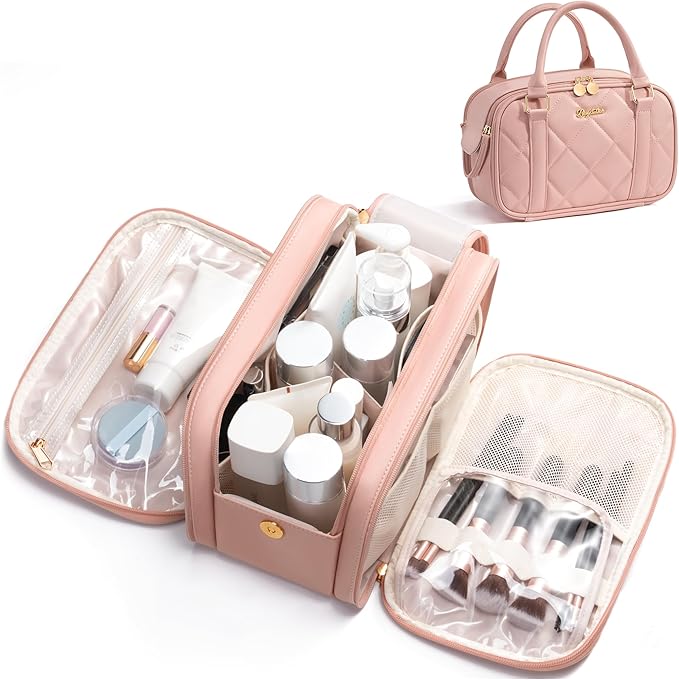 Travel Makeup Bag, Large Capacity Quilted Toiletry Bag for Women Stand-up Cosmetic Bag Open Flat Make Up Case Organizer Portable Pouch Purse w/Handle for Traveling Accessories, Pink