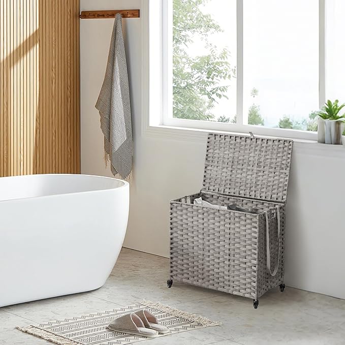 Laundry Hamper with Wheels, 34.3 Gallon(130L) Rolling Laundry Basket with Lid, Removable Large 2 Color Liners & 3 Mesh Laundry Bags, Clothes Hamper with Side Pocket, Grey