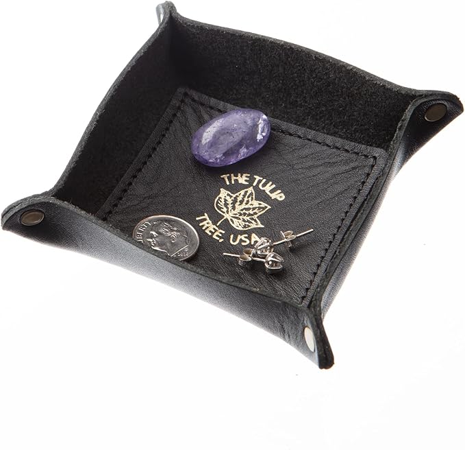 USA Handmade Premium Leather Valet Tray, Jewelry Organizer With Brass Rivets (Ebony Black, Mini)
