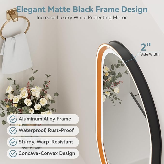 Led Bathroom Mirror with Lights, 20'' x 33'' Oval Heavy Duty Aluminum Frame Bathroom Vanity Mirror with Lights, 3 Colors, Brightness Stepless Dimmable, Anti-Fog, Memory Function, Double LED Orange