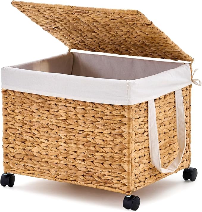 Laundry Hamper with Lid, Large Capacity Woven Natural Water Hyacinth Laundry Sorter with Removable Liners, Rolling or Non-Slip Design for Bedroom (Natural, 60L)