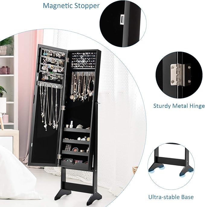 GOFLAME Jewelry Cabinet, Jewelry Organizer with Full Length Mirror Door, Standing Makeup Mirror Cabinet, Freestanding Jewelry Organizer with Large Storage Capacity (Black)