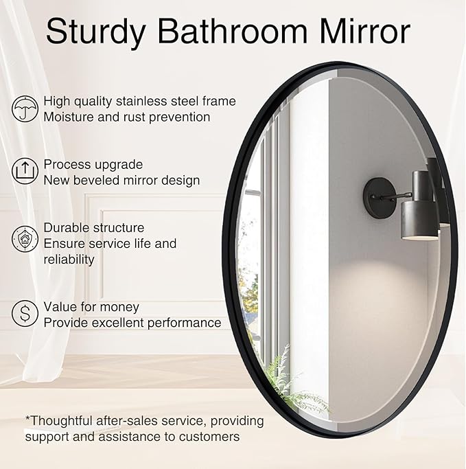 POZINO Oval Bathroom Mirror, 22"x30" Black Beveled Mirrors, Rounded Mirror for Over Sink, Modern Vanity Wall Mirror in Premium Stainless Steel Frame, Wall Mount Hangs Horizontal Or Vertical