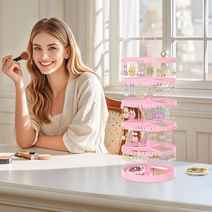 iDavosic.ly 5 Tier Rotating Earring Holder Organizer with Metal Tray, Adjustable Plastic Dangle Display Stands Tree with 285 Grooves, Large Hoop Storage Rack Tower, Pink
