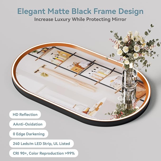 Led Bathroom Mirror with Lights, 24'' x 40'' Oval Heavy Duty Aluminum Frame Bathroom Vanity Mirror with Lights, 3 Colors, Brightness Stepless Dimmable, Anti-Fog, Memory Function, Single LED Orange