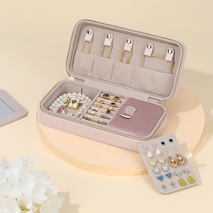 Travel Jewelry Case with Mirror, Quilted Small Jewelry Box Organizer for Women Girls, Portable Earring Necklace Bracelet Ring Holder Storage for Travel, Gifts for Her (Blush Pink)