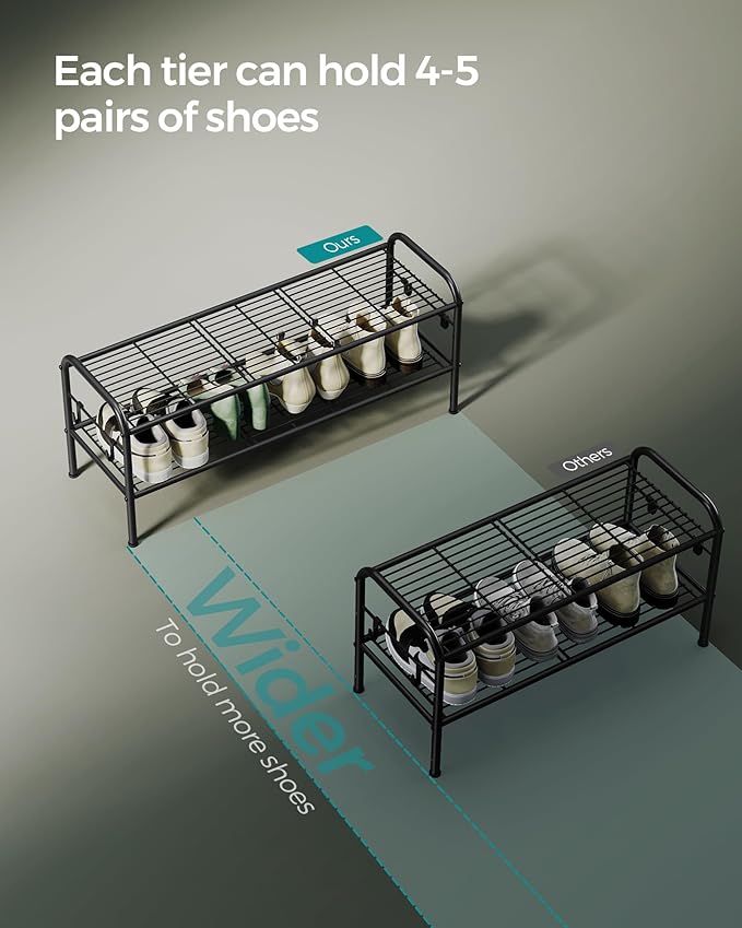 SONGMICS Shoe Rack, 2-Tier Shoe Organizer, Metal Shoe Shelf Storage with 4 Side Hooks, Holds 10 Pairs of Shoes, Height-Adjustable Shoe Rack for Entryway, Hallway, Closet, Ink Black ULMR128B01