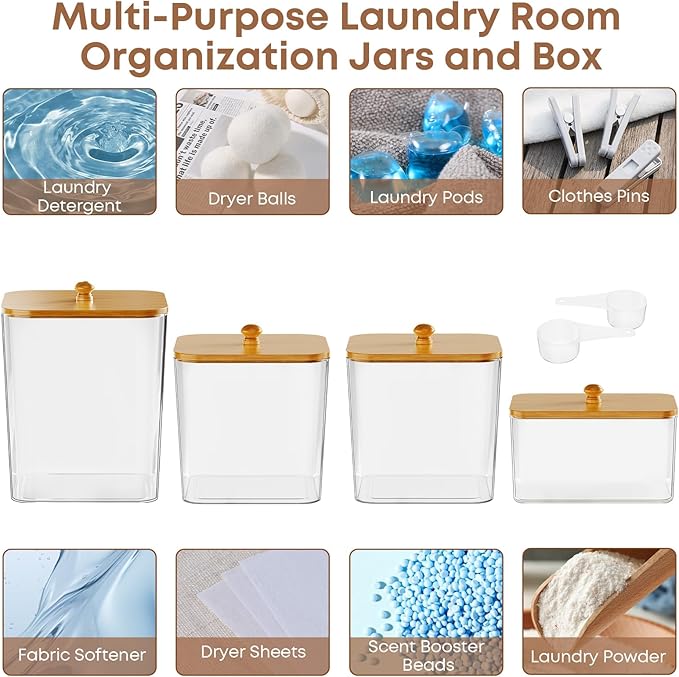 4 Pack Clear Laundry Pods Container & Dryer Sheet Holder, Plastic Square Laundry Room Organization and Storage Jars with Lids, Scoops & Labels for Detergent, Powder, Dryer Balls, Beads