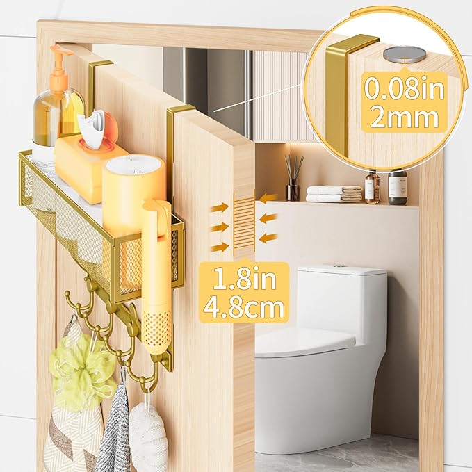 Over The Door Hooks Organizer,Over Door Hanger Towel Rack Mesh Basket with 12 Hooks,Back of Door Storage Organizer for Bedroom,Bathroom,Kitchen,Office(Gold)