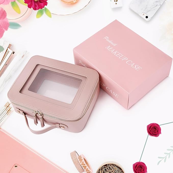 Pinkmik Clear Makeup Bag for Women Waterproof Travel Cosmetics and Toiletries Case Portable Makeup Oaganizer Bag Clear Car Bag with Zipper (Pink, M+L)