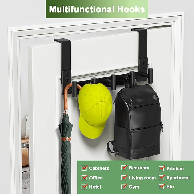 Stainless Steel Over Door Hooks, Over Door Hanger Holder for Robe Cloths, Heavy Duty Towel Hooks, Coat Rack, Doors Organizer for Bathroom, Bedroom, Locker Room & Closet (1 Pack, Black)