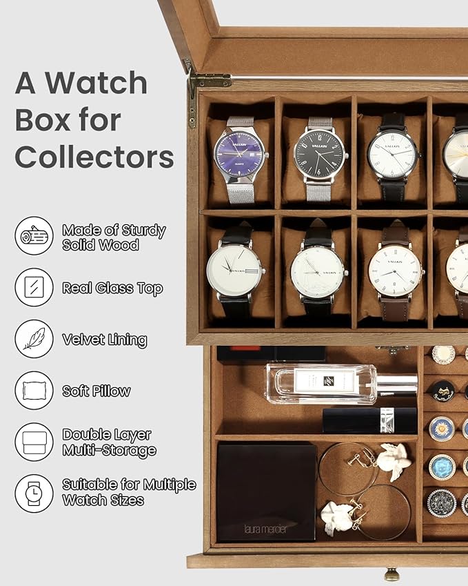 Uten 10-Slot Watch Box, 2-Layers Solid Wood Watch Display Case with Glass Lid, Watch Holder Organizer with Soft Pillow and Velvet Lining, Watch and Jewelry Storage Box, Brown