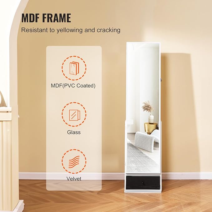 VEVOR 360° Swivel Jewelry Cabinet Armoire, 63-Inch Tall Lockable Jewelry Organizer with Full-Length Mirror, LED Light, Velvet Lining, Drawer, Freestanding, White