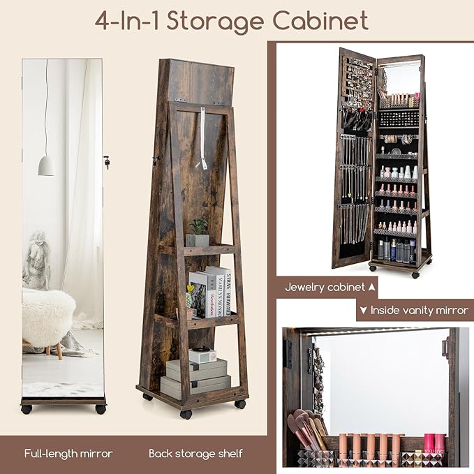 GOFLAME Jewelry Cabinet with Full Length Mirror, Lockable Jewelry Storage Organizer with Wheels, 3-Color LED Lights, Inner Mirror, Freestanding Jewelry Armoire with Rear Storage Shelves, Rustic Brown