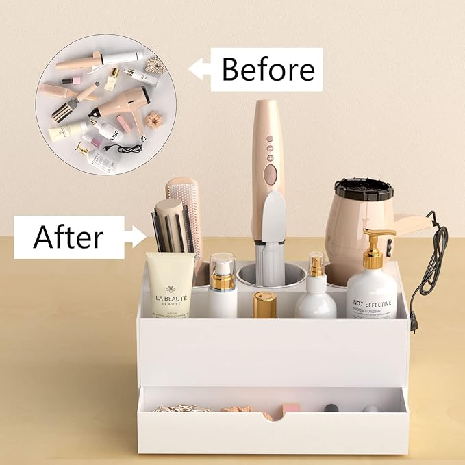 NIUBEE Hair Tool Organizer, White Acrylic Hair Dryer and Styling Organizer with Drawer, Bathroom Countertop Blow Dryer Holder, Vanity Caddy Storage Stand for Accessories, Makeup, Toiletries