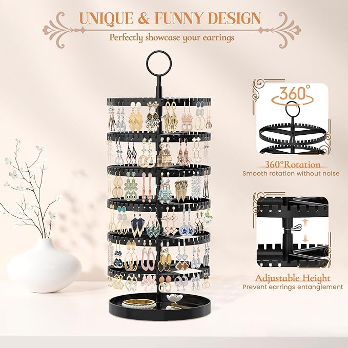 iDavosic.ly 6 Tier Rotating Earring Holder Organizer with Metal Tray, Adjustable Plastic Dangle Display Stands Tree with 342 Grooves, Large Hoop Storage Rack Tower, Black