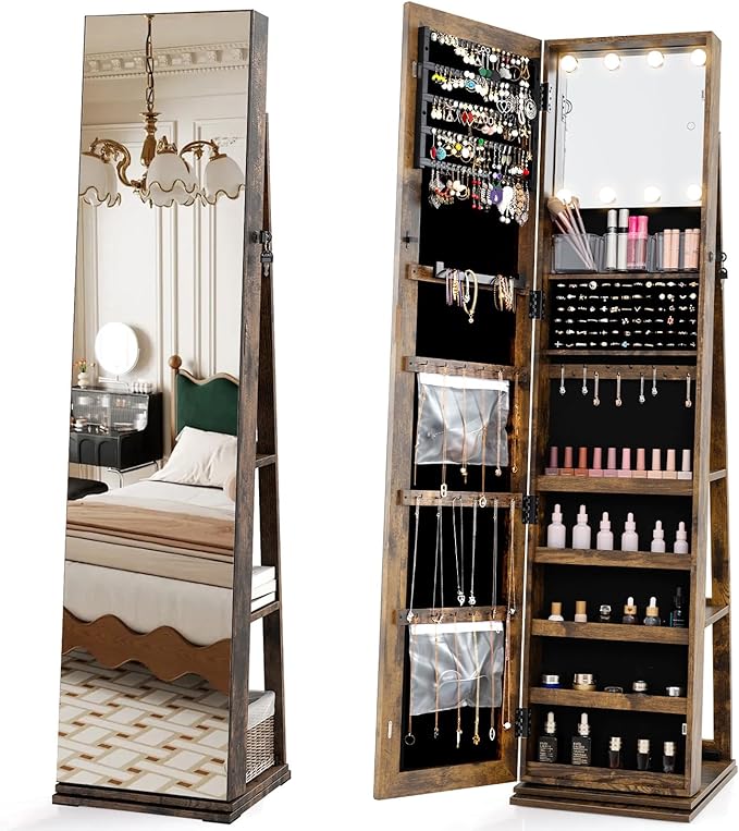 CHARMAID Swivel Jewelry Armoire with Full-Length Mirror & Lighted Makeup Mirror, 360° Rotating Jewelry Cabinet Organizer for Earrings, Rings, Necklaces, Bracelets, Back Storage Shelves (Rustic Brown)
