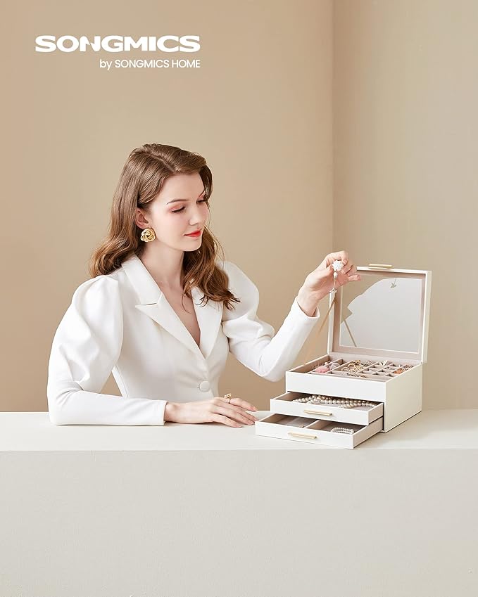 SONGMICS Jewelry Box Organizer with Glass Lid, 3-Layer Jewelry Storage, with 2 Drawers, Modern Style, 8 x 9.1 x 5.3 Inches, Cloud White and Gold Color UJBC239WT