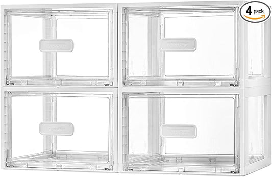 Vtopmart 4 Pack 18QT White Stackable Storage Drawers,Easily Assemble Closet Organizers,Plastic Storage Bins for Bathroom,Cabinet,Kitchen Pantry,Under Sink Organization(Medium)