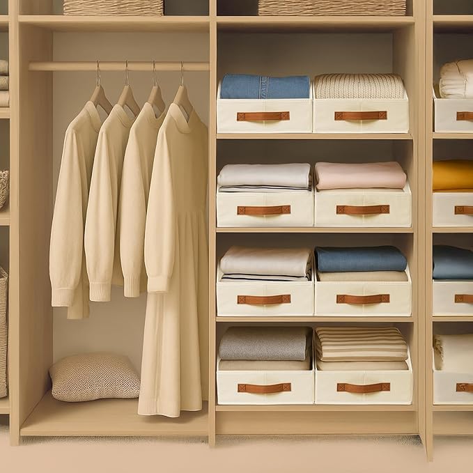 Fabric Storage Bins for Organizing - 10 Pack Large Trapezoid Collapsible Storage Bins with Front Handle, Closet Organizers and Storage for Bedroom, Home Shelves, Small Spaces, Beige