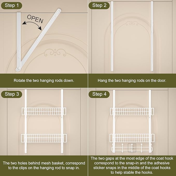 Over The Door Hooks, Door Hanger Towel Rack with 10 Coat Hooks & 2 Mesh Basket, Over Door Storage Organizer for Bathroom, Bedroom, Kitchen, Office, Easy Installation, White
