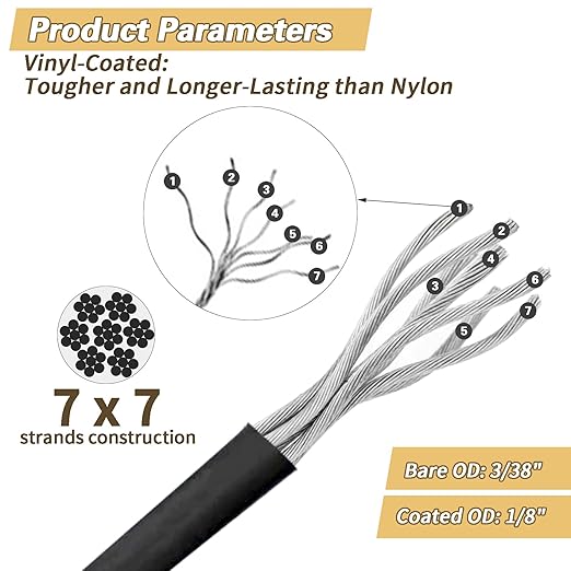 1/8" Black Wire Rope Kit 200FT 304 Stainless Steel Vinyl Coated with M5 Turnbuckles, 7x7 Strand Core Aircraft Cable for String Light, Picture Hanging, Clothesline, Curtain, and Plant Trellis