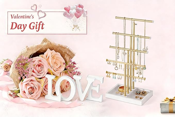 Love-KANKEI Jewelry Organizer Stand,5 Tier Large Necklace Holder with Wood Base,Jewelry holder stand Tree for Display,Bracelets Earrings Rings,Height Adjustable Gift White and Gold