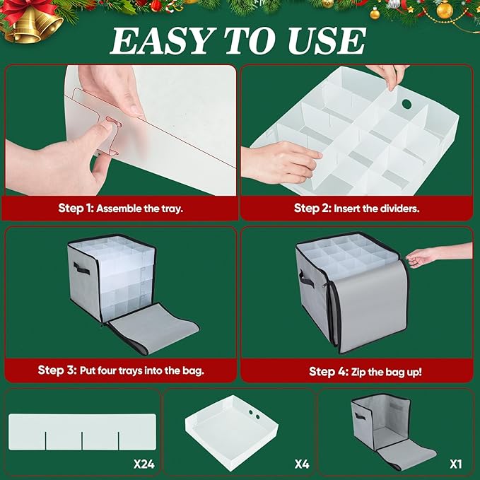 BALEINE Christmas Ornament Storage Box with Dividers, Premium Holiday Ornaments Storage Container Bin for Xmas Decorations (64 Ball, Green, Soft)
