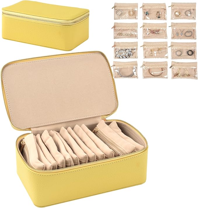 Travel Jewelry Box,Jewelry Travel Organizer for Women, Travel Jewelry Case with 12pcs Velvet Jewelry Pouches for Necklaces Rings Earrings Sorting Storage(yellow