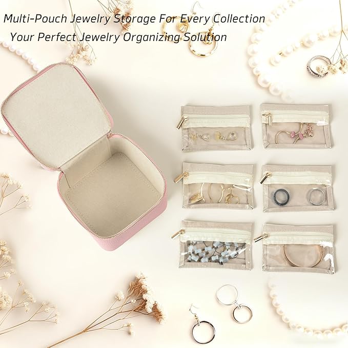 Small Travel Jewelry Box,Travel Jewelry Case with 6pcs Velvet Jewelry Pouches,Portable Jewelry Organizer Travel for Earring Bracelet Ring,Travel Jewelry Case Ideal for Travel & Home Organization