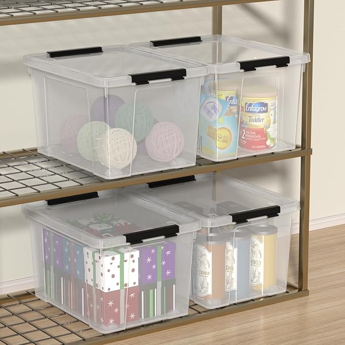 40 Quart Clear Plastic Storage Box with Lid and Wheels, Large Storage Bin, 4 Packs