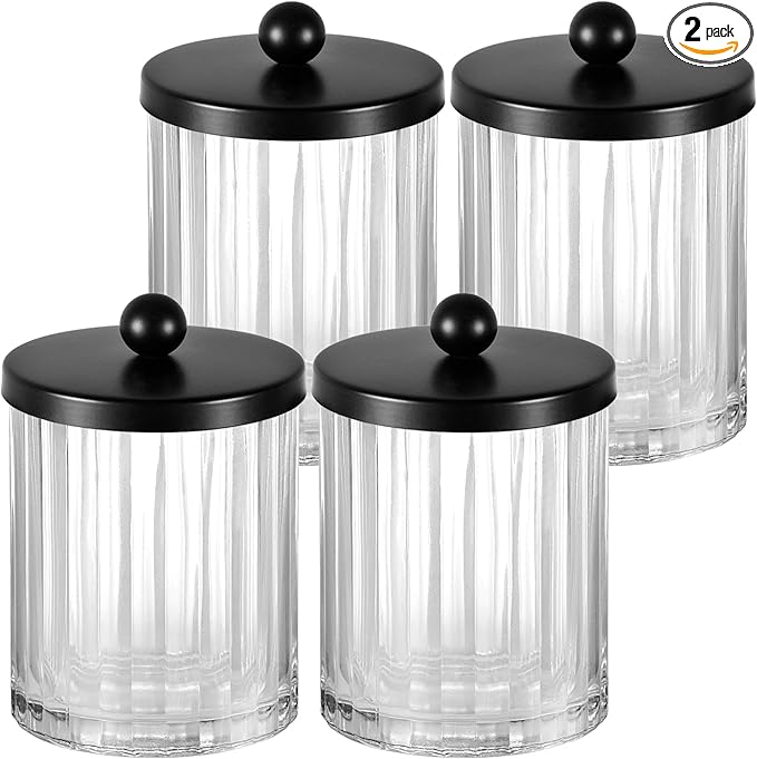 Amolliar Qtip Holder Dispenser for Cotton Swabs, Cotton Balls, Pads, Floss Picks, Clear Glass Canister Apothecary Jar, Bathroom Essential Accessories Decor, Bathroom Storage Organizer (Black, 4 Pack)