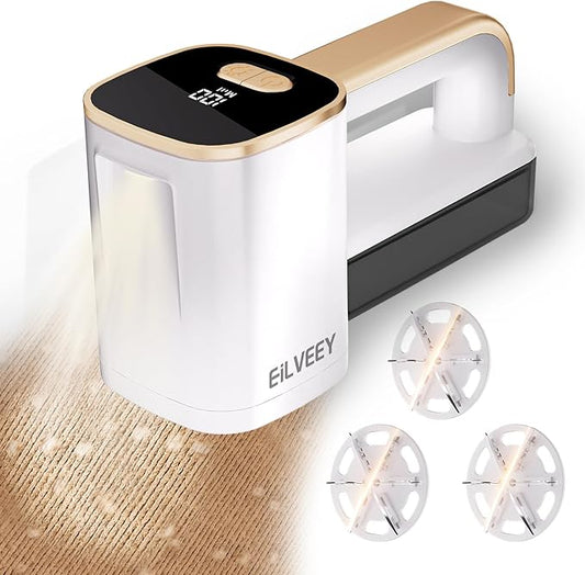 Rechargeable Lint Remover, Fabric Shaver Fuzz Remover, Sweater Shavers with 6-Leaf Blades, 3-Speeds Digital LED Display to Remove Pilling for Clothing and Furniture, Lint Ball, White
