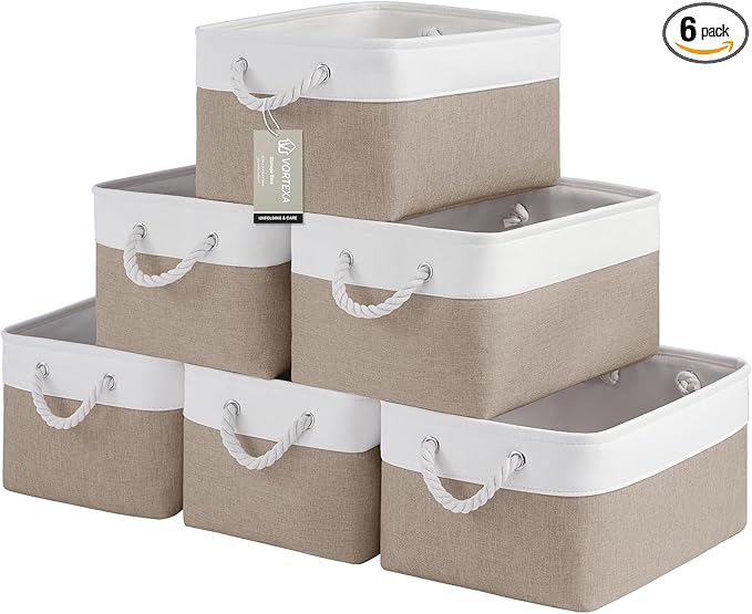 Large Storage Baskets- 15.7x11.8x8.26 inch Storage Bins for Shelves and Closet Organizing, Foldable Fabric Bin for Home Organization Clothes and Laundry (6-Pack, White&Khaki)