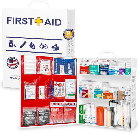 MFASCO 2021 ANSI/OSHA Compliant First Aid Kit - Large, Commercial 3-Shelf Metal Cabinet for Businesses, Wall Mountable - with Medications - ANSI Standard 2021 First Aid Kits, Class B Fill