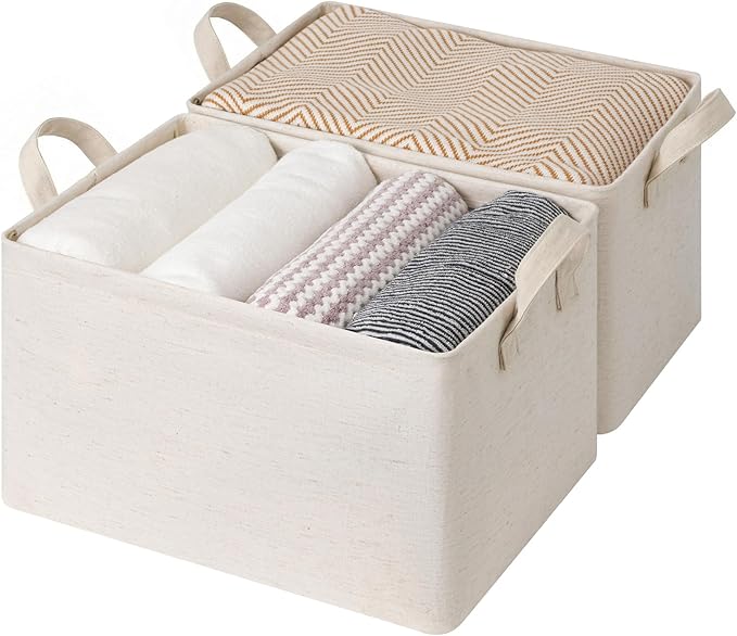 StorageWorks Storage Bins, Shelves Baskets for Organizing, Large Fabric Closet Organizers with Handles, Metal Frame, Beige?Cotton-linen?, 2-Pack