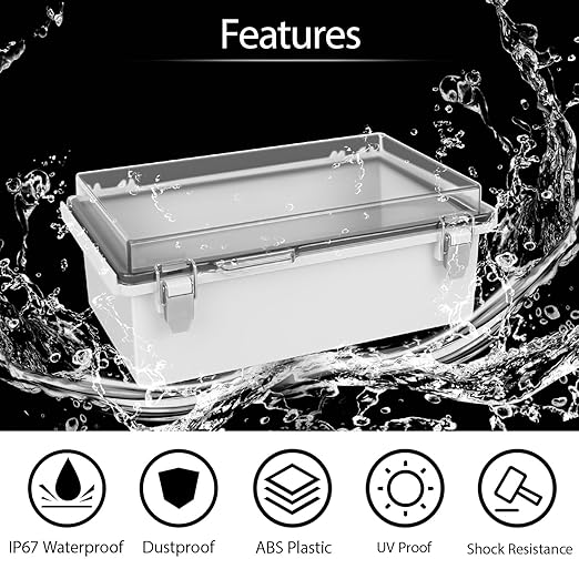 LeMotech Electrical Box, IP67 Waterproof Hinged Clear Cover Stainless Steel Latch Junction Box, ABS Plastic Electrical Enclosure with Mounting Plate,Wall Brackets, Cable Glands,10.2"x6.3"x3.9", Grey