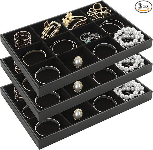 STARVAST 3 Pcs Stackable Velvet Jewelry Organizer Trays, 12 Grids Jewelry Organizers and Display Case Storage for Earrings Bracelets Necklace Rings, Jewelry Trays Drawer Insert