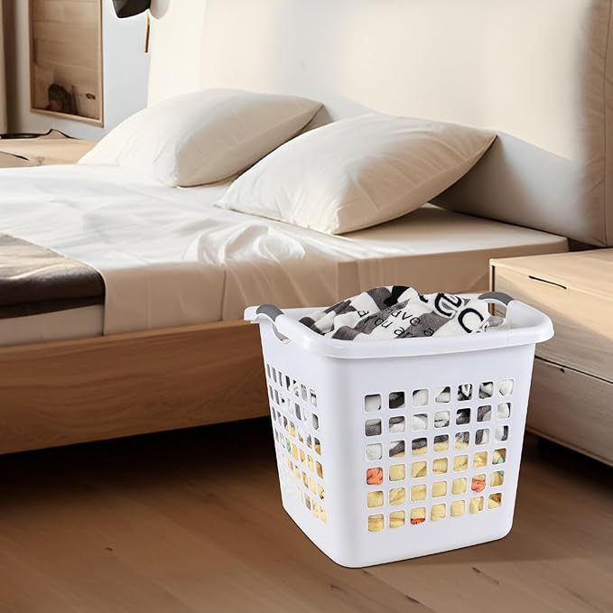 2 Bushel Square Tall Plastic Laundry Basket, 72 L Large Plastic Hamper with Carry Handle, White, 4 Pack