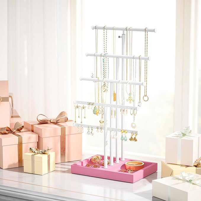 Love-KANKEI Jewelry Organizer Stand, 5 Tier Large Necklace Holder with Wood Base, Jewelry holder stand Tree for Display, Bracelets Earrings Rings, Height Adjustable Gift Pink and White