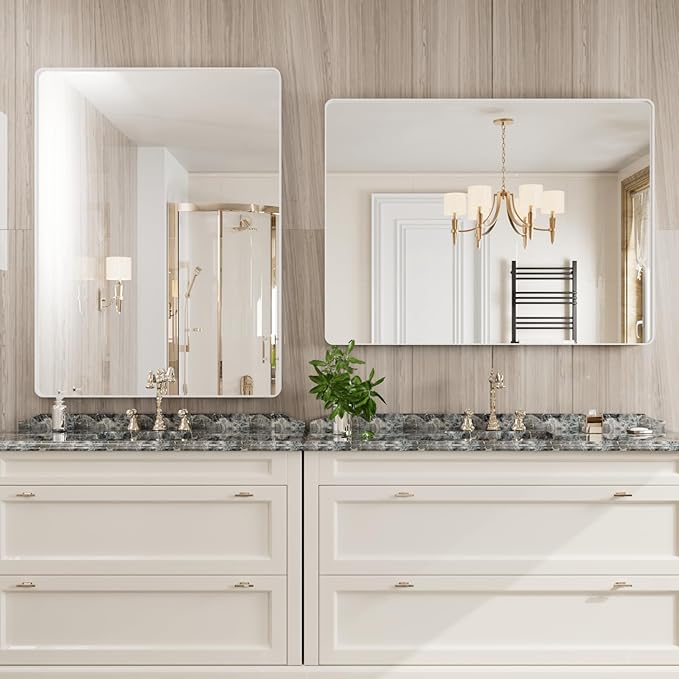 White Bathroom Mirror 48x36 Inch, White Metal Framed Bathroom Mirror for Wall, Rounded Rectangle Matte Bathroom Vanity Mirror, Tempered Glass, Anti-Rust, Horizontal/Vertical
