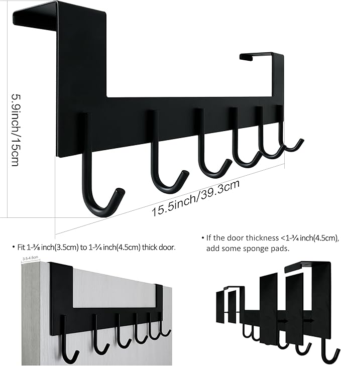 WEBI Over The Door Hook for Hanging Door Hanger:Over Door Towel Rack,Door Coat Hanger Over The Door Coat Rack for Towels,Clothes,Back of Bathroom,Black