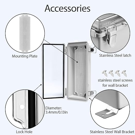 LeMotech Electrical Box, IP67 Waterproof Hinged Clear Cover Stainless Steel Latch Junction Box, ABS Plastic Electrical Enclosure with Mounting Plate,Wall Brackets, Cable Glands,10.2"x4.3"x2.9",Grey